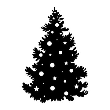 Silhouette of a Christmas tree with decorations.Vector icon isolated on a white background.