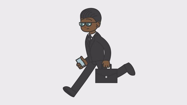 Black male businessman runs holding smartphone and suitcase in his hands. Looped 4K video with alpha-channel.