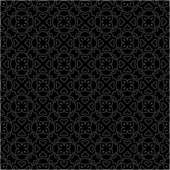 Black background with figures from dots . Black and white pattern for web page, textures, card, poster, fabric, textile. Repeating design.