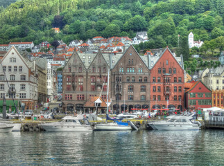Fototapeta na wymiar A view of Bergen, Norway towards the old warehouses of the Hanseatic league in mid summer