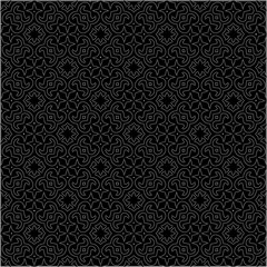 Black background with figures from dots . Black and white pattern for web page, textures, card, poster, fabric, textile. Repeating design.