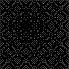 Black background with figures from dots . Black and white pattern for web page, textures, card, poster, fabric, textile. Repeating design.