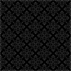Black background with figures from dots . Black and white pattern for web page, textures, card, poster, fabric, textile. Repeating design.