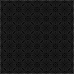 Black background with figures from dots . Black and white pattern for web page, textures, card, poster, fabric, textile. Repeating design.