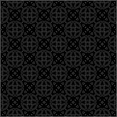 Black background with figures from dots . Black and white pattern for web page, textures, card, poster, fabric, textile. Repeating design.