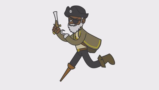 Black male pirate runs holding gun in his hand. Looped 4K video with alpha-channel.