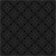 Black background with figures from dots . Black and white pattern for web page, textures, card, poster, fabric, textile. Repeating design.