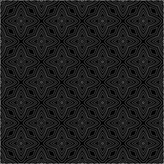 Black background with figures from dots . Black and white pattern for web page, textures, card, poster, fabric, textile. Repeating design.
