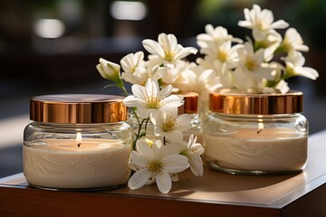 Fototapeta na wymiar Cosmetic cream in glass jars with flowers on table, closeup. Jars of natural cosmetic cream with flowers on table, closeup