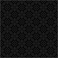 Black background with figures from dots . Black and white pattern for web page, textures, card, poster, fabric, textile. Repeating design.