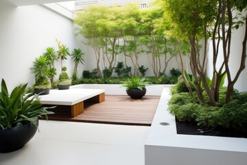 A beautifully designed outdoor terrace in a house with wooden furniture, lush greenery, and a...