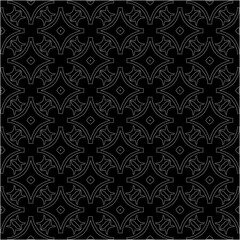 Black background with figures from dots . Black and white pattern for web page, textures, card, poster, fabric, textile. Repeating design.