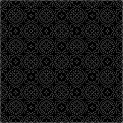 Black background with figures from dots . Black and white pattern for web page, textures, card, poster, fabric, textile. Repeating design.