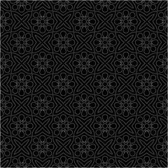 Black background with figures from dots . Black and white pattern for web page, textures, card, poster, fabric, textile. Repeating design.