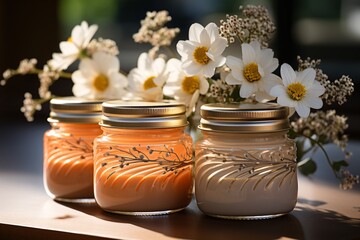 Cosmetic cream in glass jars with flowers on table, closeup. Jars of natural cosmetic cream with flowers on table, closeup - obrazy, fototapety, plakaty