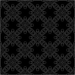 Black background with figures from dots . Black and white pattern for web page, textures, card, poster, fabric, textile. Repeating design.