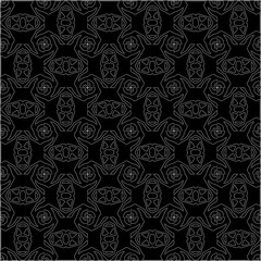 Black background with figures from dots . Black and white pattern for web page, textures, card, poster, fabric, textile. Repeating design.