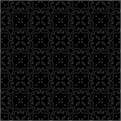 Black background with figures from dots . Black and white pattern for web page, textures, card, poster, fabric, textile. Repeating design.