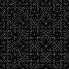 Black background with figures from dots . Black and white pattern for web page, textures, card, poster, fabric, textile. Repeating design.