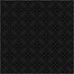 Black background with figures from dots . Black and white pattern for web page, textures, card, poster, fabric, textile. Repeating design.