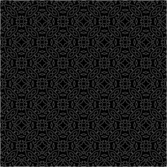 Black background with figures from dots . Black and white pattern for web page, textures, card, poster, fabric, textile. Repeating design.