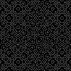 Black background with figures from dots . Black and white pattern for web page, textures, card, poster, fabric, textile. Repeating design.