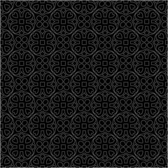 Black background with figures from dots . Black and white pattern for web page, textures, card, poster, fabric, textile. Repeating design.