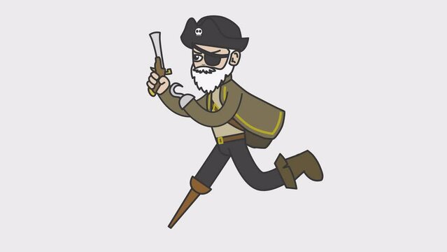 White male pirate runs holding gun in his hand. Looped 4K video with alpha-channel.