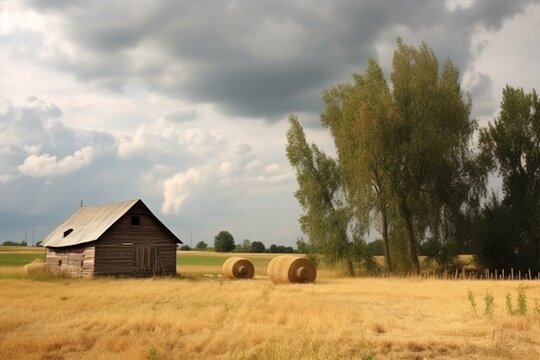 A rural landscape with a barn, hay bales, tree, and cloudy sky. Generative AI