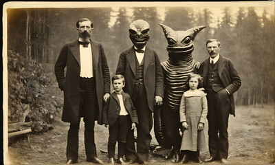 Fototapeta na wymiar Science and mysteries concept, ancient portrait of past alien monsters in contact with humans