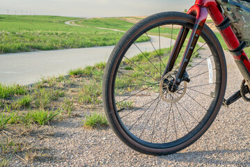 touring gravel bicycle on a bike trail between Fort Collins and Loveland, Colorado, in spring scenery