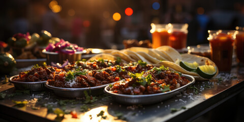 Obraz premium Food Servings in outdoor setting. Street Tacos, pork with tomatoes and cilantro