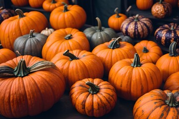 Obraz premium Colorful pumpkins and gourds on autumn market. Generative AI