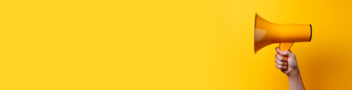 Yellow megaphone loudspeaker in woman's hand on studio plain background. Empty space place for text, copy paste. Important announcement news, significant messages sale discount concept