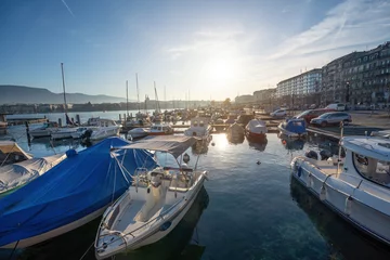 Fototapeten Pier with Boats at Lake Geneva - Geneva, Switzerland © diegograndi