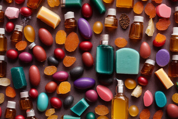 A vibrant still life herbarium of natural beauty products soap,oil, arranged in a delicate pattern of colors and textures