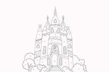Coloring page for kids with castle, palace. Color by numbers. Coloring book. Vector illustration. Mathematics educational children game