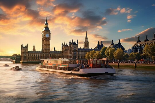 London panorama boat Thames river Big Ben. Generative AI