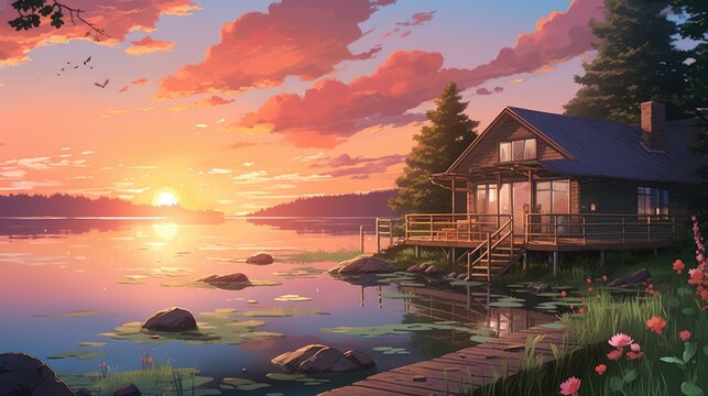 Anime-style illustration of a peaceful and cozy lakeside cabin at sunset
