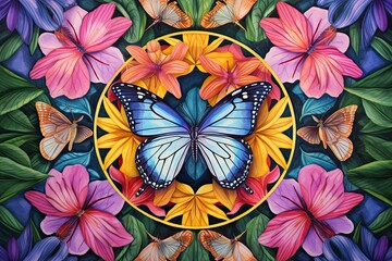 Fototapeta na wymiar Vibrant Rainbow Shades: Graceful Butterflies Dancing Amidst a Kaleidoscope of Blooms, generative AI