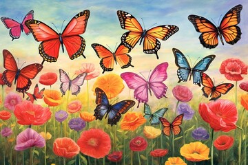 Graceful Butterflies Amidst a Field of Wildflowers: Vibrant, Rainbow-Hued Wings in a Stunning Butterfly Drawing, generative AI