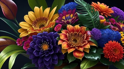 An intricate and colorful arrangement of exotic blooms