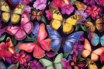 Graceful Butterflies: Fluttering Amongst a Rainbow of Blossoms with Luminescent Wings, generative AI