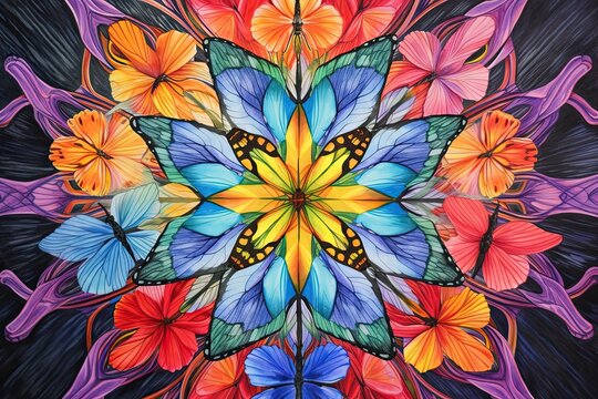 Graceful Butterflies: Wings Painted in Dazzling Rainbow Hues Fluttering Amongst a Kaleidoscope of Blooms, generative AI