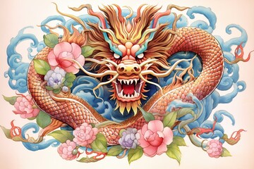 Obraz premium Power and Good Fortune Unleashed: Serpentine Splendor of Vibrant Chinese Dragon Drawings, generative AI