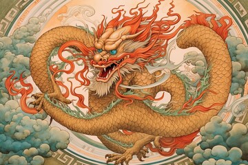 Obraz premium Chinese Dragon Drawing: Symbolizing Wisdom, Prosperity, and Good Fortune in Imperial Legends, generative AI