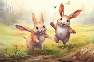 Fototapeta premium Joyful Meadow Delights: Playful Baby Animals Frolicking in a Meadow, Spreading Laughter and Delight with their Cute Antics, generative AI