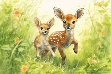 Cute Animal Drawings: Playful Baby Animals Frolicking in a Lush Green Meadow, generative AI