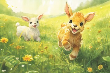 Playful Baby Animals Frolicking: Cute and Joyful Drawings of Innocent Creatures in a Lush Green Meadow, generative AI