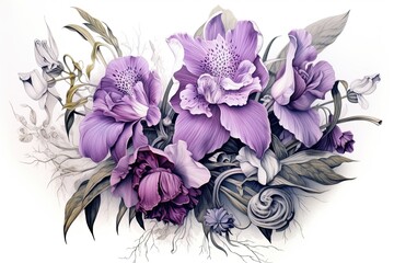 Exquisite Orchid Purple: Elegantly Detailed Petals in Botanical Flower Drawings, generative AI